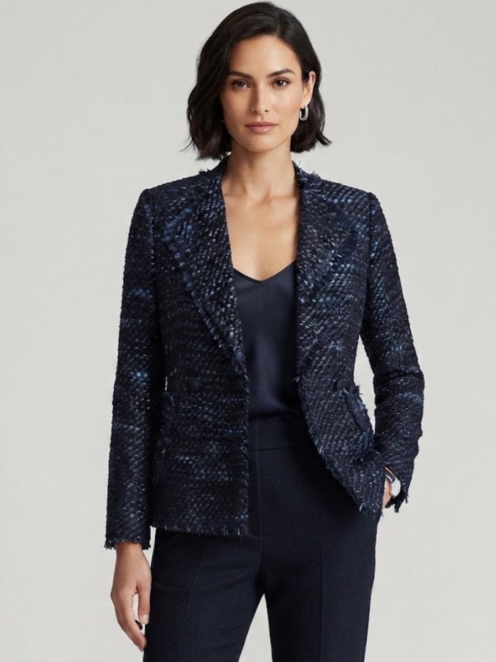 Talbots Blue Tweed Fringe Double Breasted Tailored Blazer Jacket Size 14